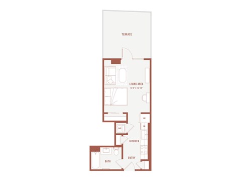 A floor plan of a house with a terrace, living area, kitchen, bathroom and entry.